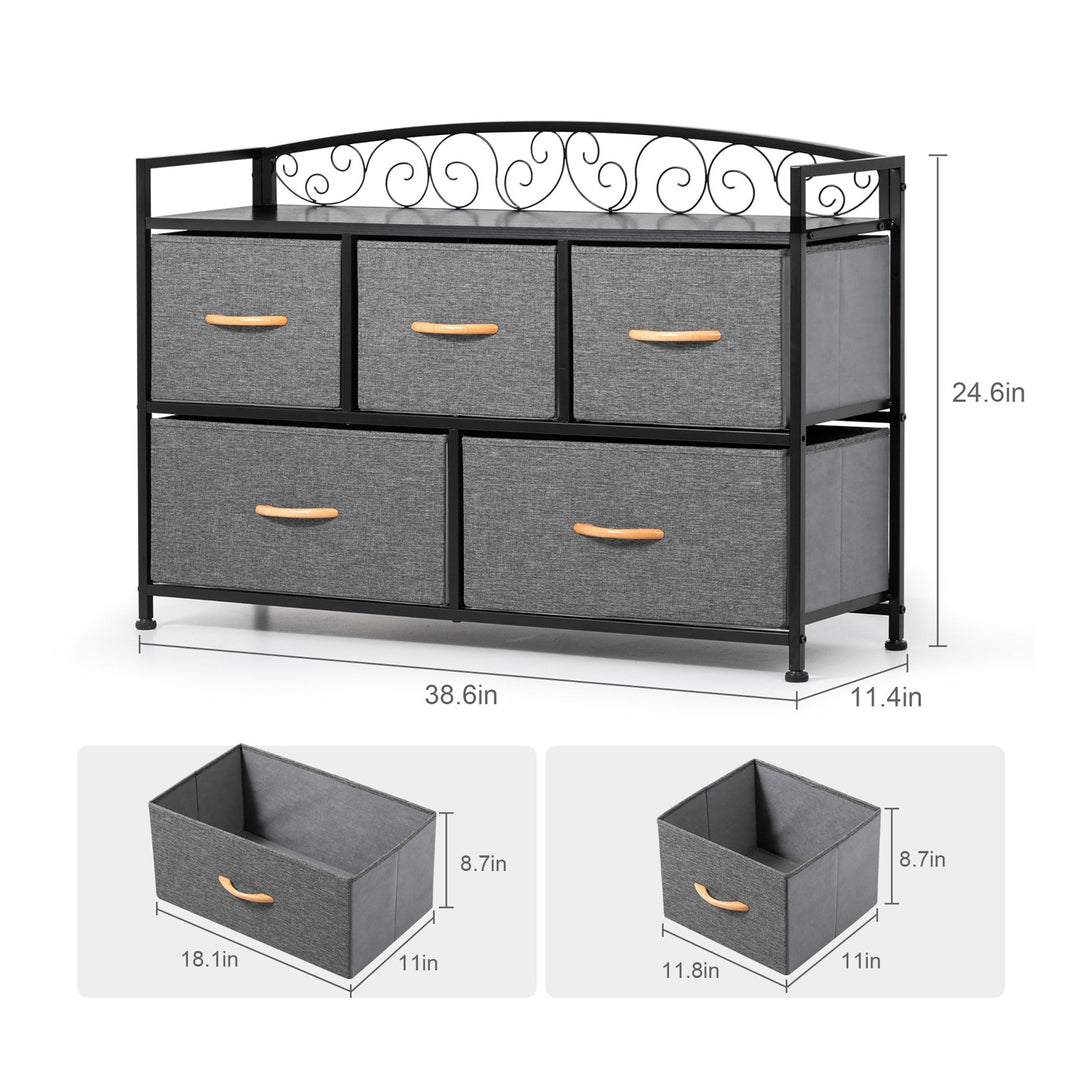 39" Gray and Black Steel and Fabric Five Drawer Combo Dresser Image 3