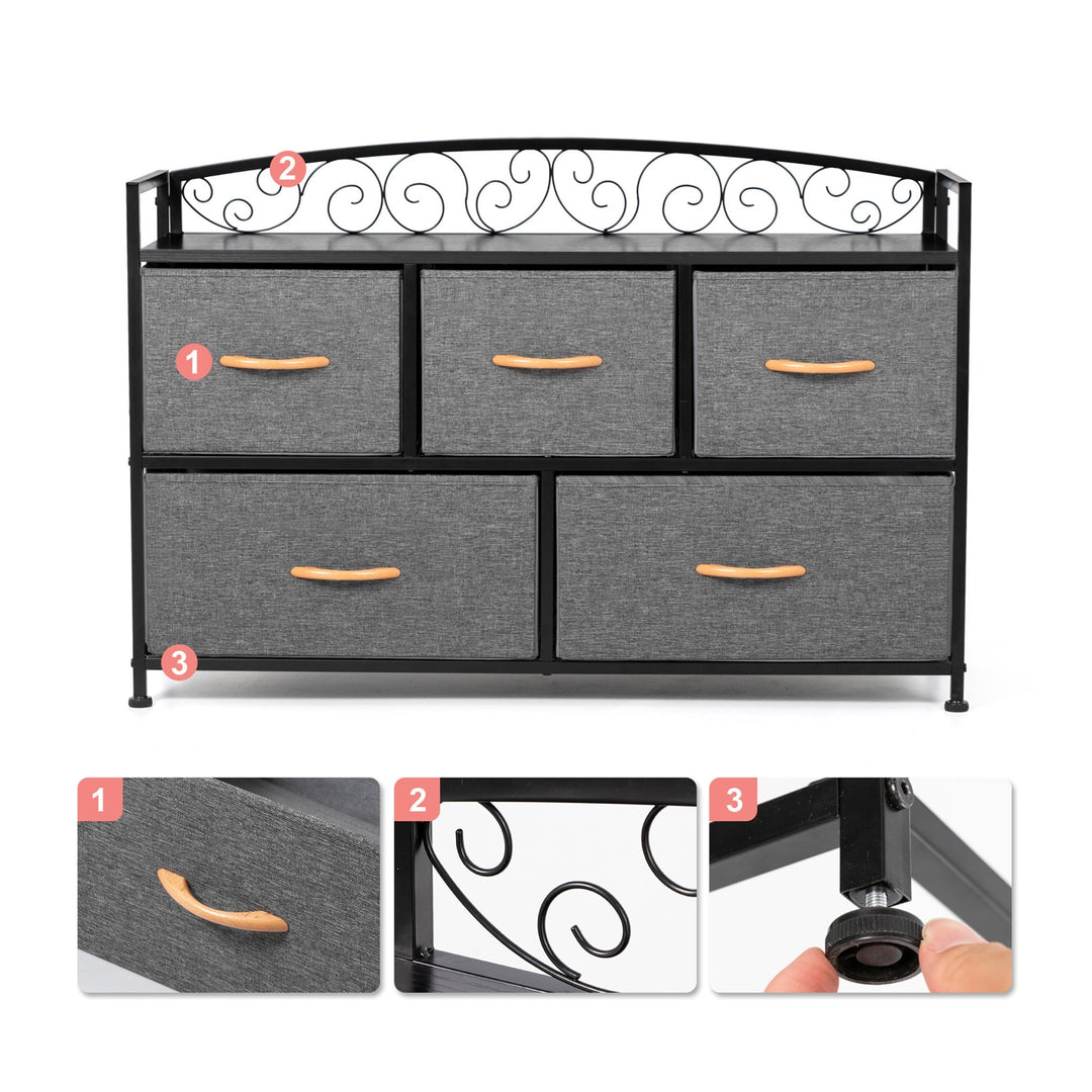 39" Gray and Black Steel and Fabric Five Drawer Combo Dresser Image 4