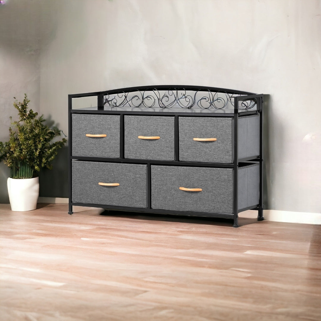 39" Gray and Black Steel and Fabric Five Drawer Combo Dresser Image 5