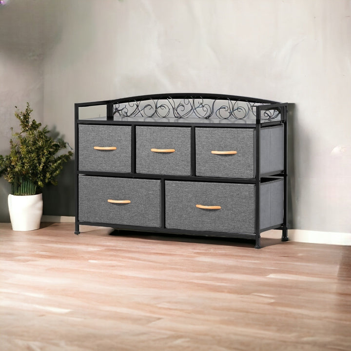 39" Gray and Black Steel and Fabric Five Drawer Combo Dresser Image 5