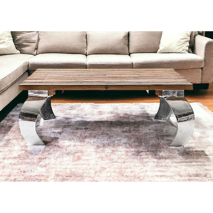 39" Natural And Silver Metallic Reclaimed Wood And Aluminum Square Coffee Table Image 8