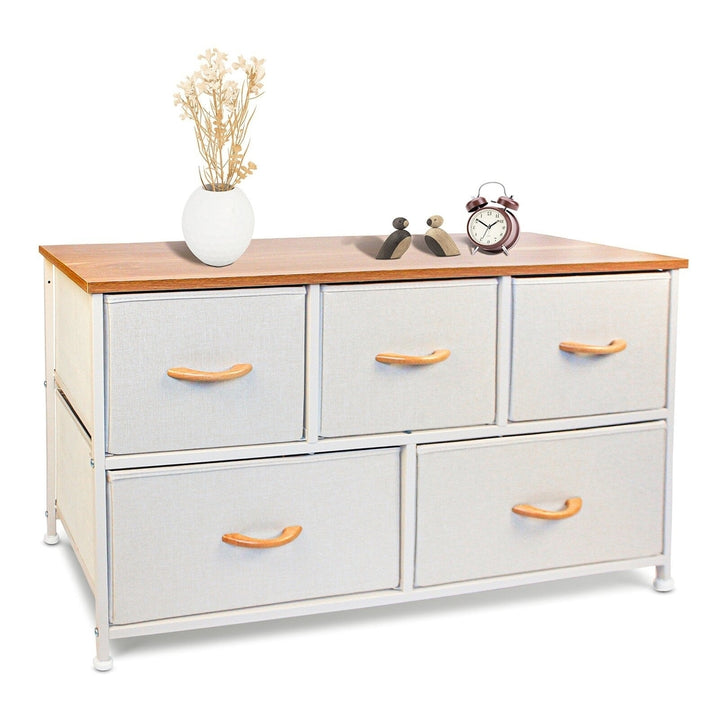 39" White and Natural White Fabric Chest With Two Shelves And Five Drawers Image 2