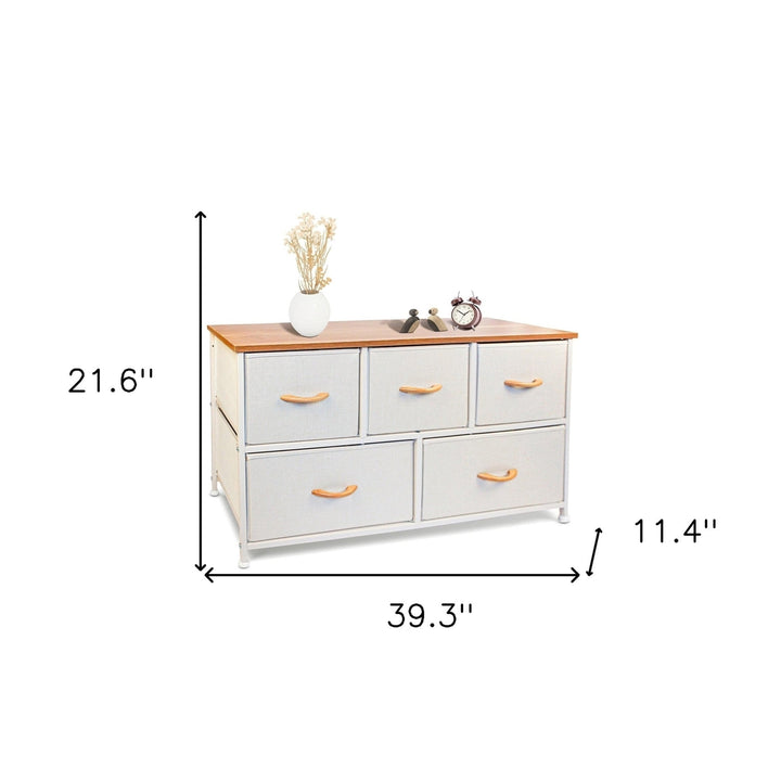 39" White and Natural White Fabric Chest With Two Shelves And Five Drawers Image 3