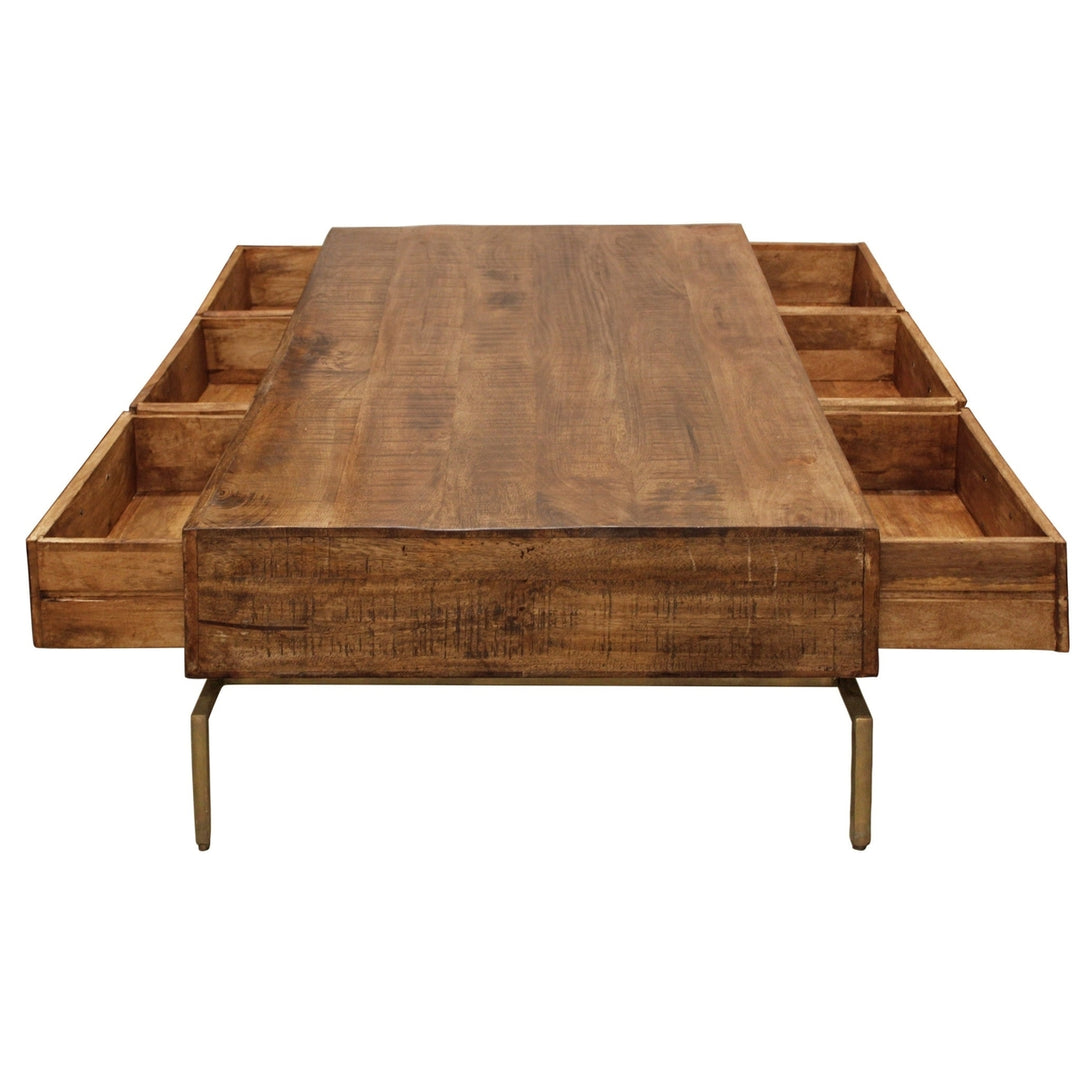 56" Brass And Brown Solid Wood Rectangular Distressed Storage Coffee Table Image 6