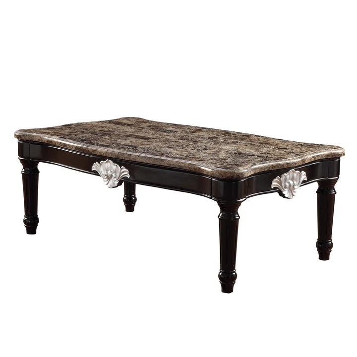 56" Brown And Black Faux Marble And Solid And Manufactured Wood Coffee Table Image 1