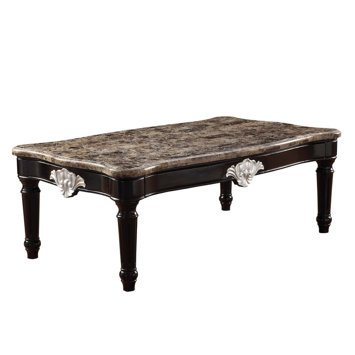 56" Brown And Black Faux Marble And Solid And Manufactured Wood Coffee Table Image 4