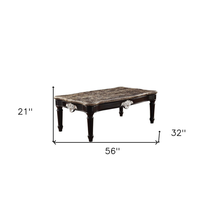 56" Brown And Black Faux Marble And Solid And Manufactured Wood Coffee Table Image 5