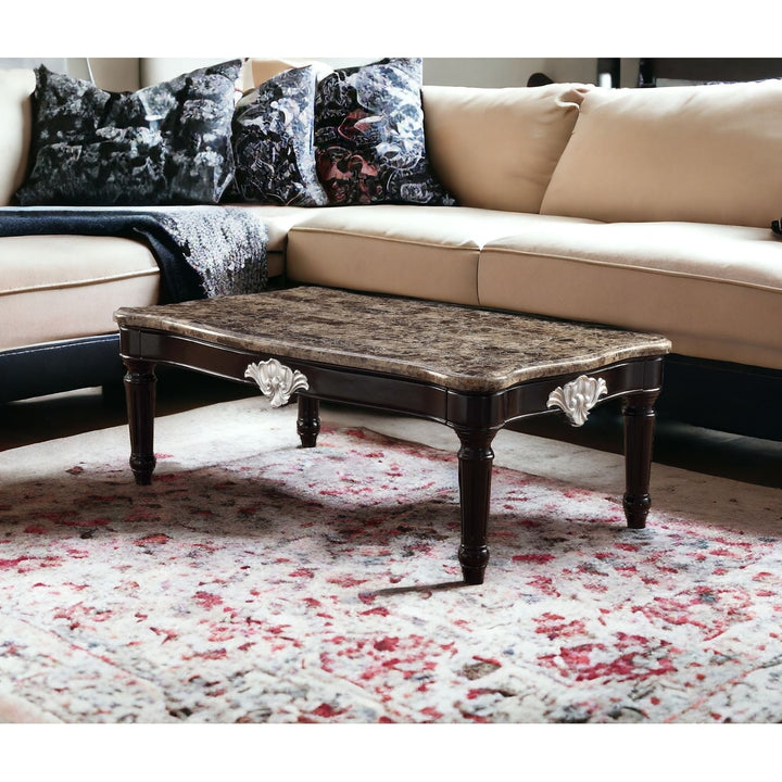 56" Brown And Black Faux Marble And Solid And Manufactured Wood Coffee Table Image 6