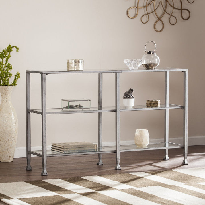 49" Clear and Silver Glass Distressed Floor Shelf Console Table With Storage Image 1