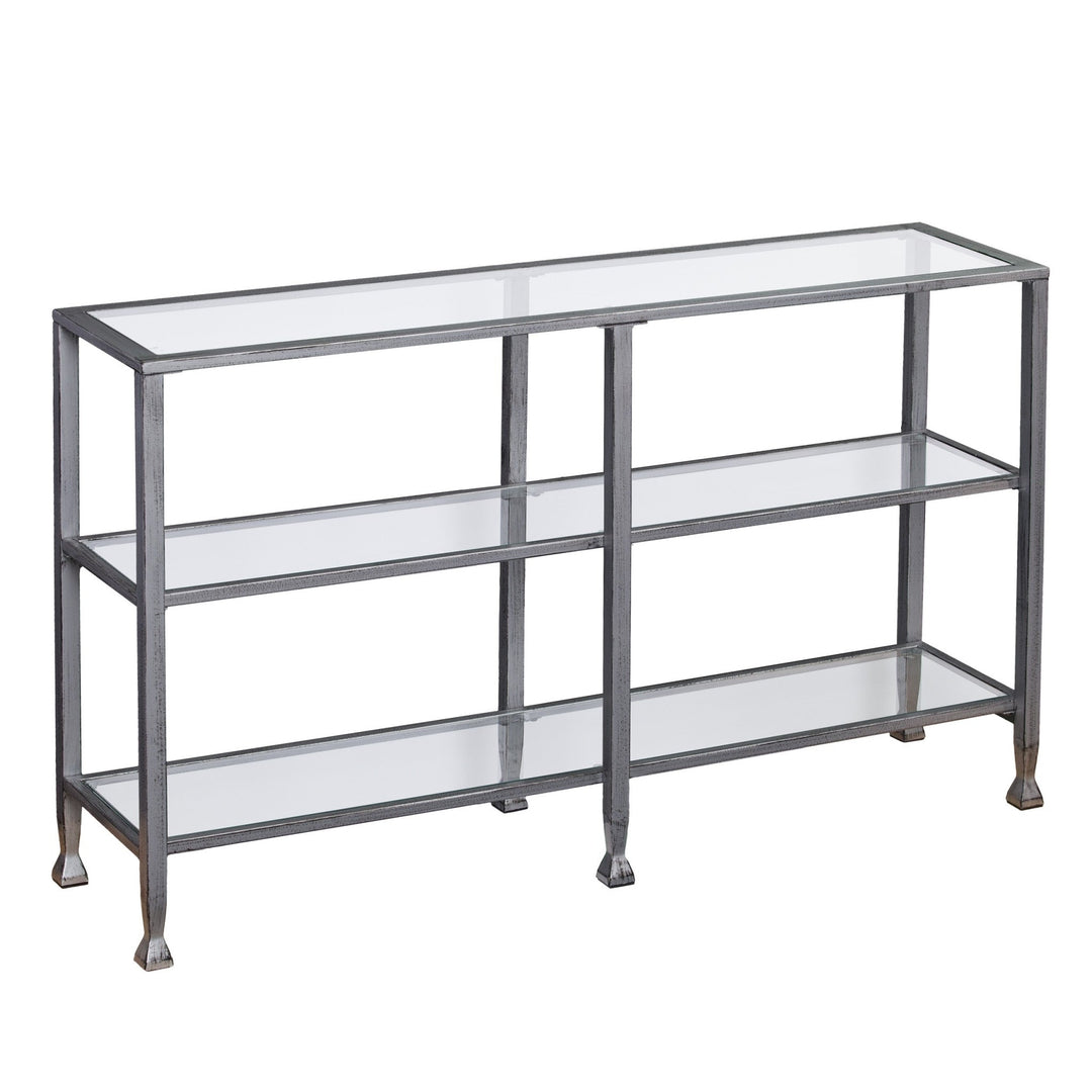 49" Clear and Silver Glass Distressed Floor Shelf Console Table With Storage Image 3