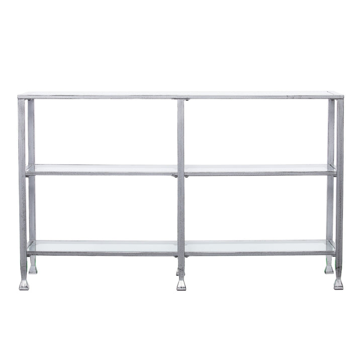 49" Clear and Silver Glass Distressed Floor Shelf Console Table With Storage Image 5