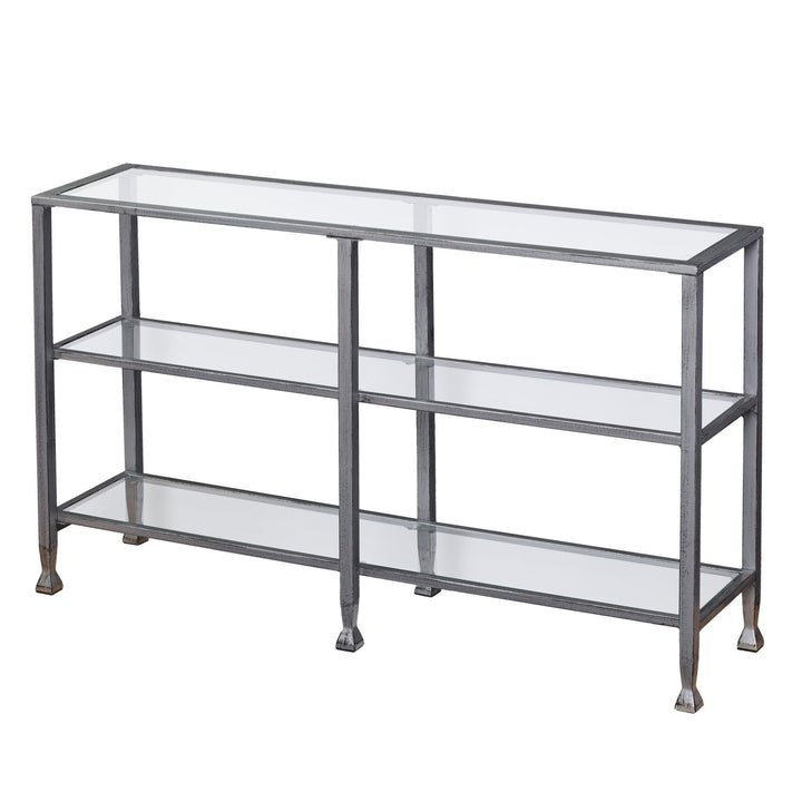 49" Clear and Silver Glass Distressed Floor Shelf Console Table With Storage Image 6