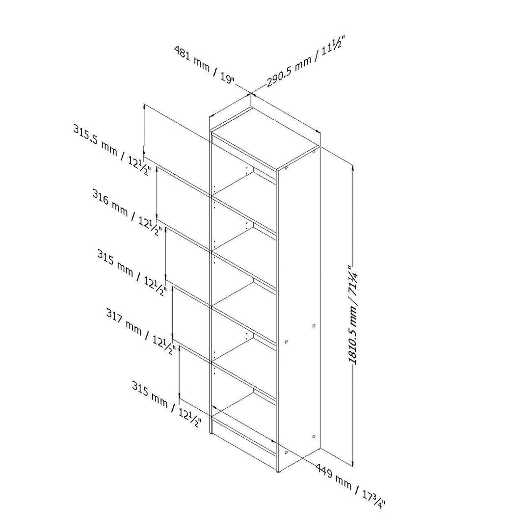 5-Shelf Narrow Bookcase Storage Shelves in White Wood Finish Image 3