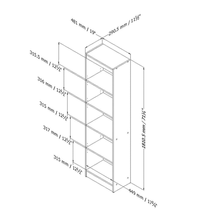 5-Shelf Narrow Bookcase Storage Shelves in White Wood Finish Image 3