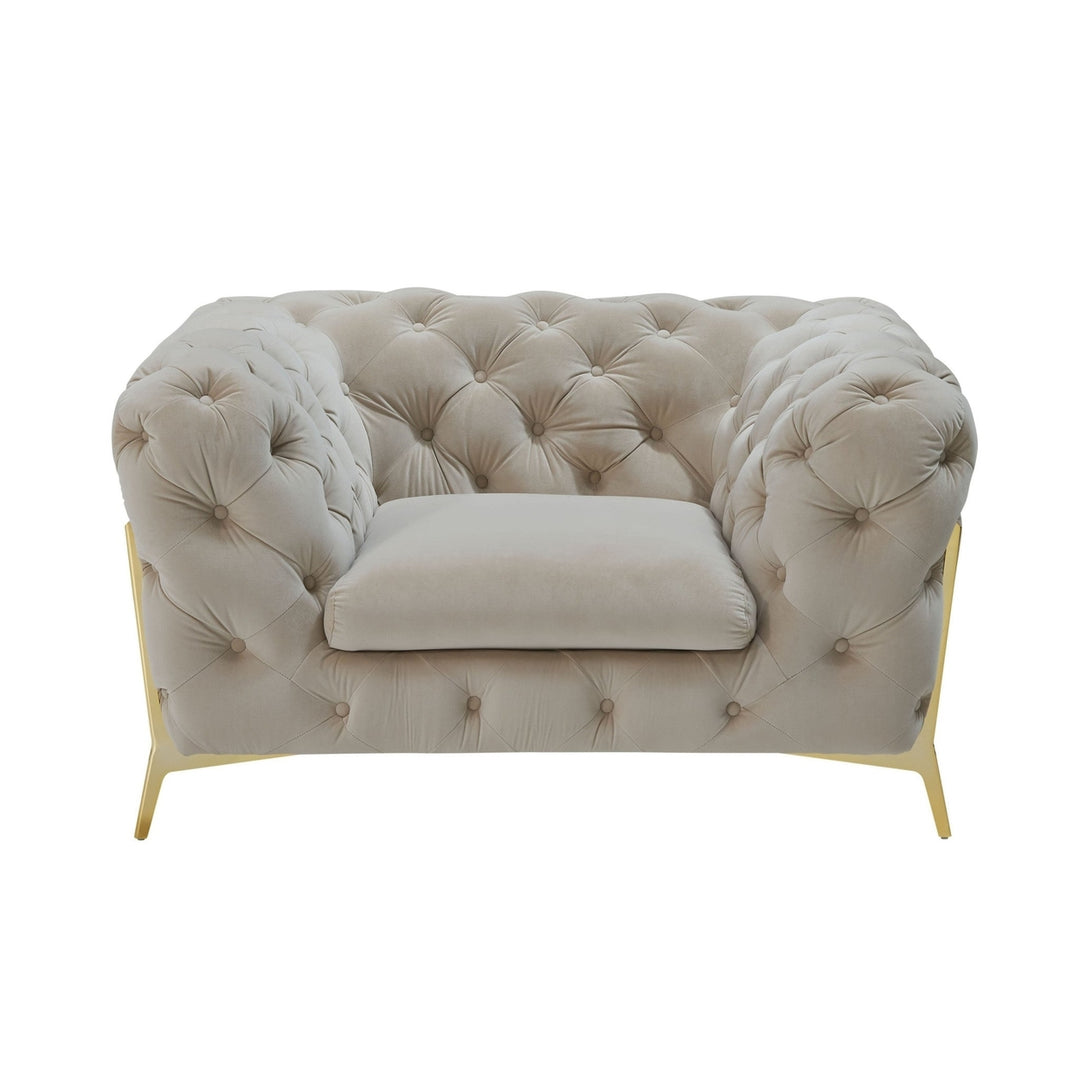 50" Beige Tufted Velvet And Gold Solid Color Lounge Chair Image 1