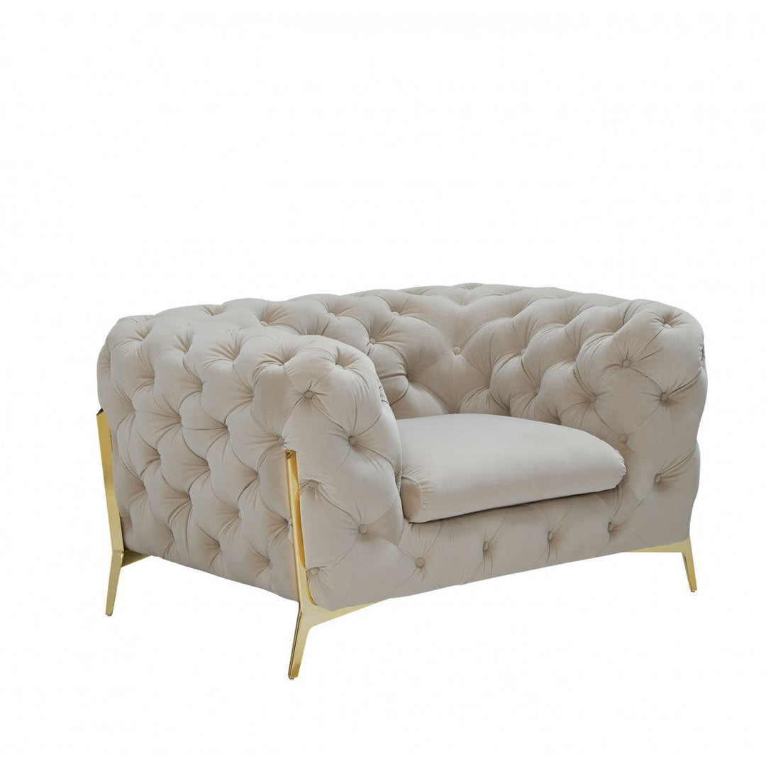 50" Beige Tufted Velvet And Gold Solid Color Lounge Chair Image 2