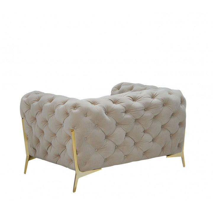 50" Beige Tufted Velvet And Gold Solid Color Lounge Chair Image 3