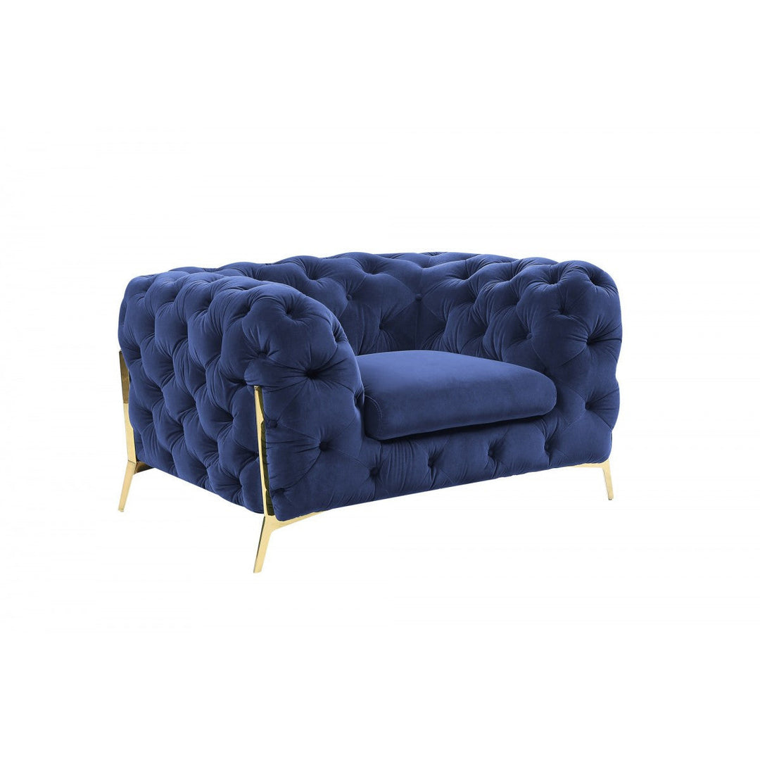 50" Blue Tufted Velvet And Gold Solid Color Lounge Chair Image 2