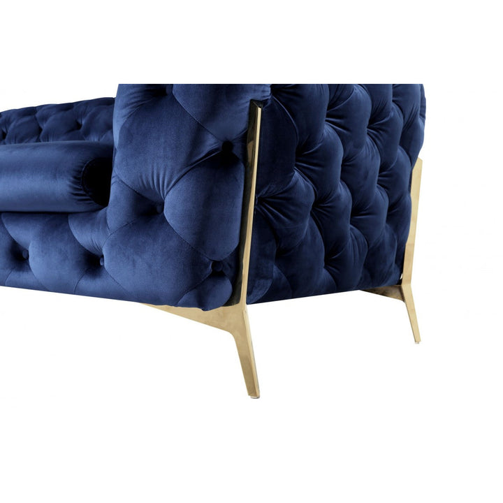 50" Blue Tufted Velvet And Gold Solid Color Lounge Chair Image 3