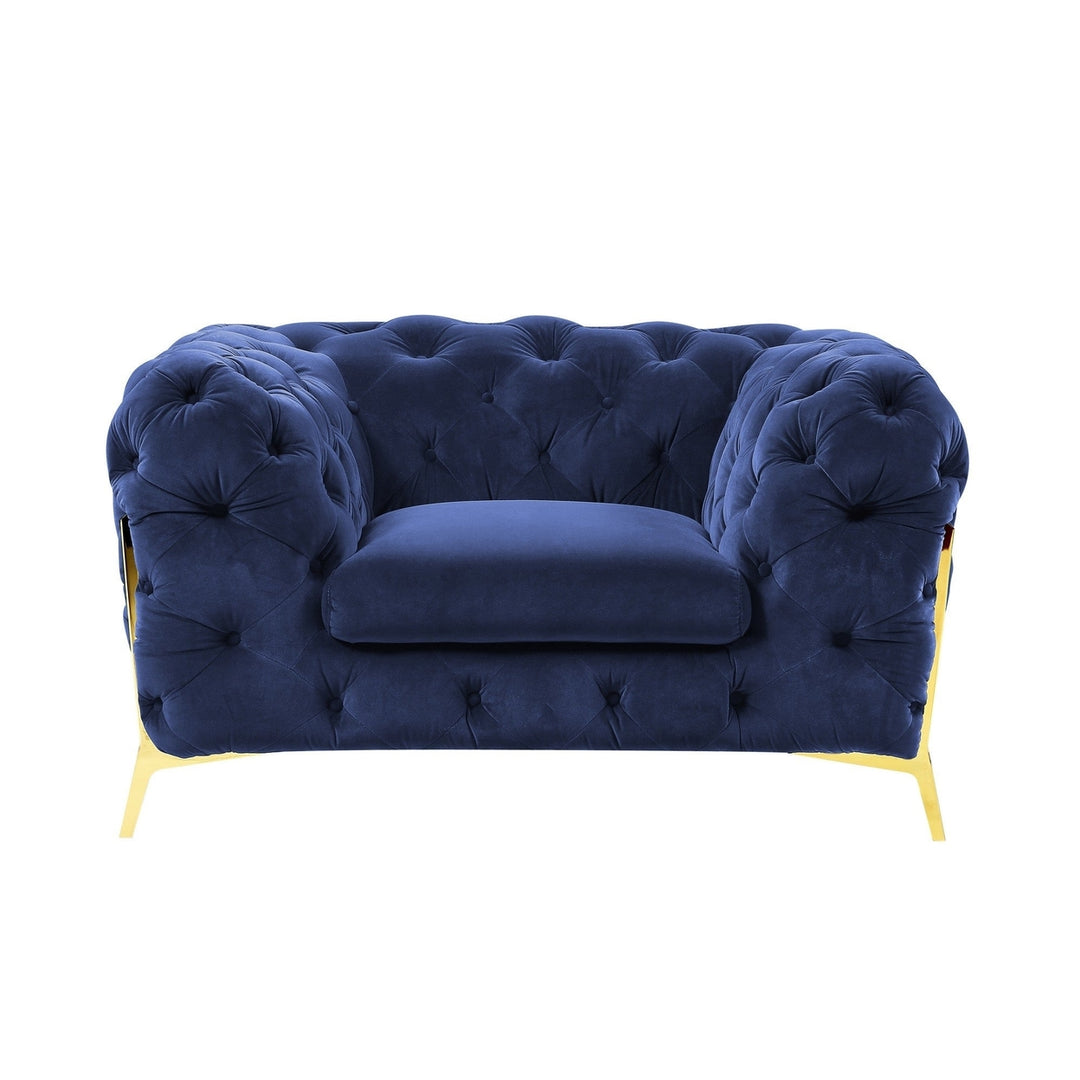 50" Blue Tufted Velvet And Gold Solid Color Lounge Chair Image 4