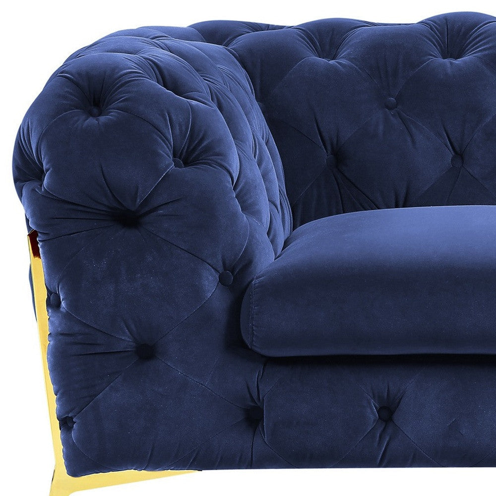 50" Blue Tufted Velvet And Gold Solid Color Lounge Chair Image 5