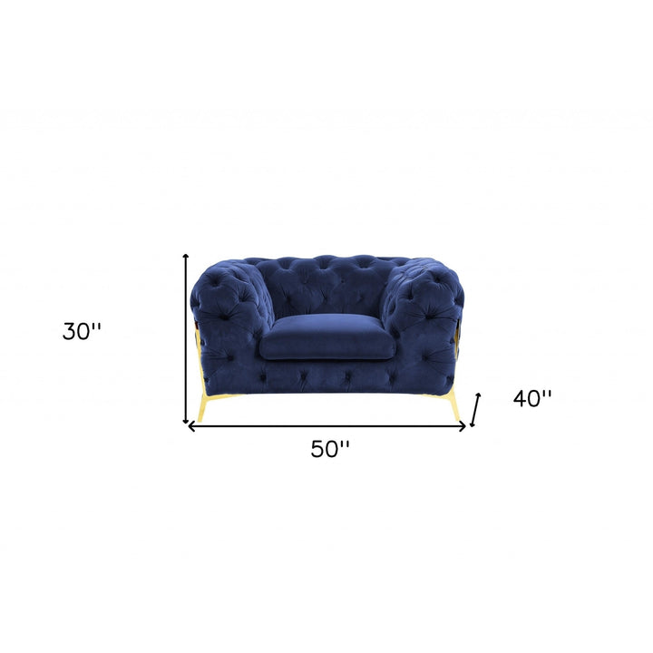 50" Blue Tufted Velvet And Gold Solid Color Lounge Chair Image 7