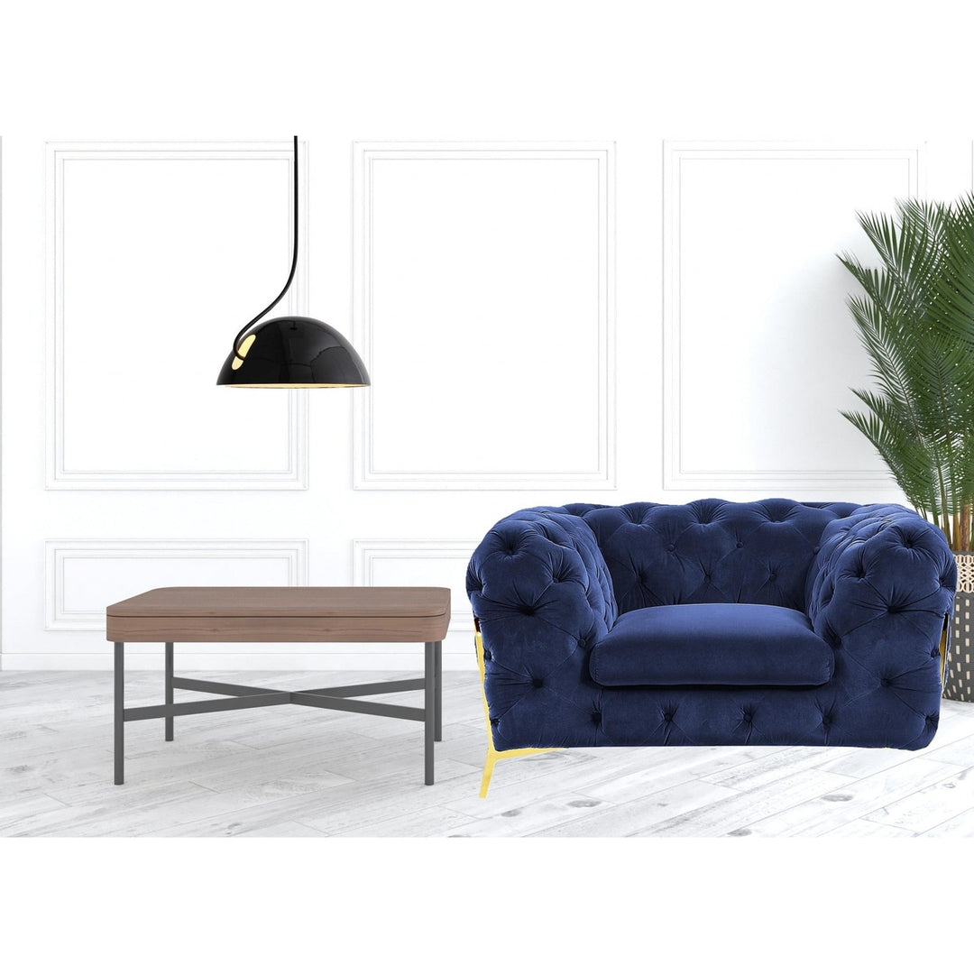 50" Blue Tufted Velvet And Gold Solid Color Lounge Chair Image 8