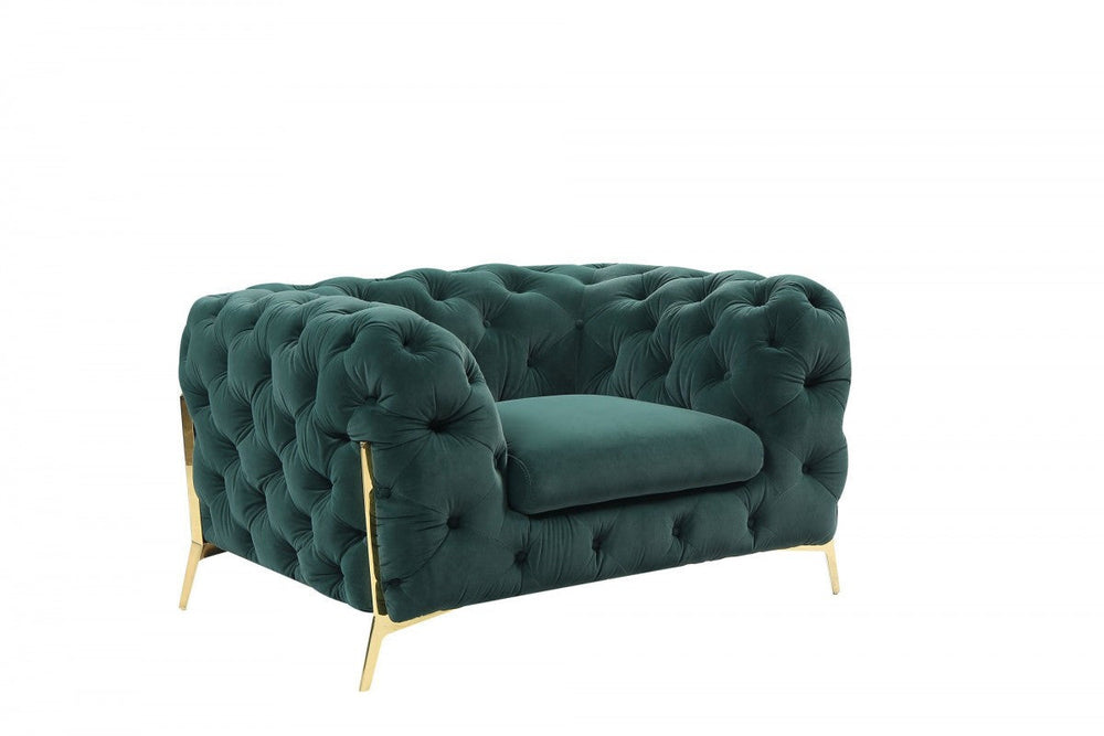 50" Green Tufted Velvet And Gold Solid Color Lounge Chair Image 2