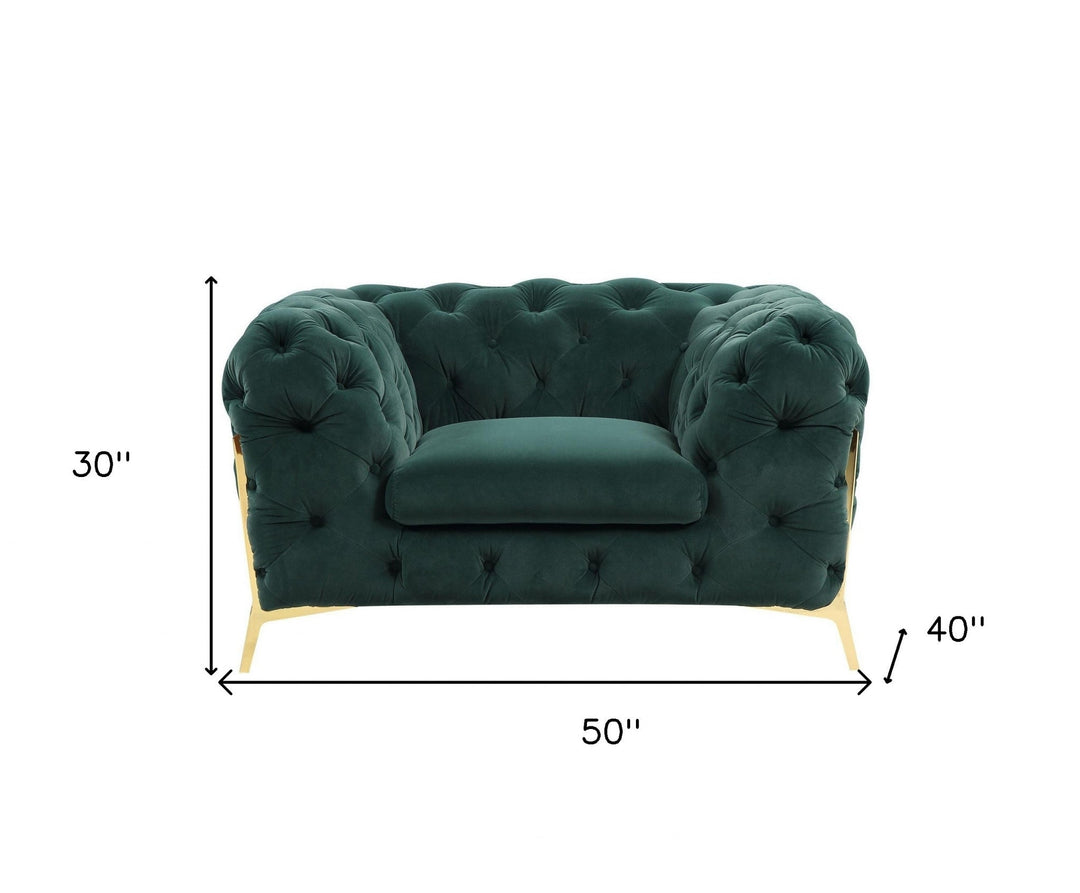 50" Green Tufted Velvet And Gold Solid Color Lounge Chair Image 7