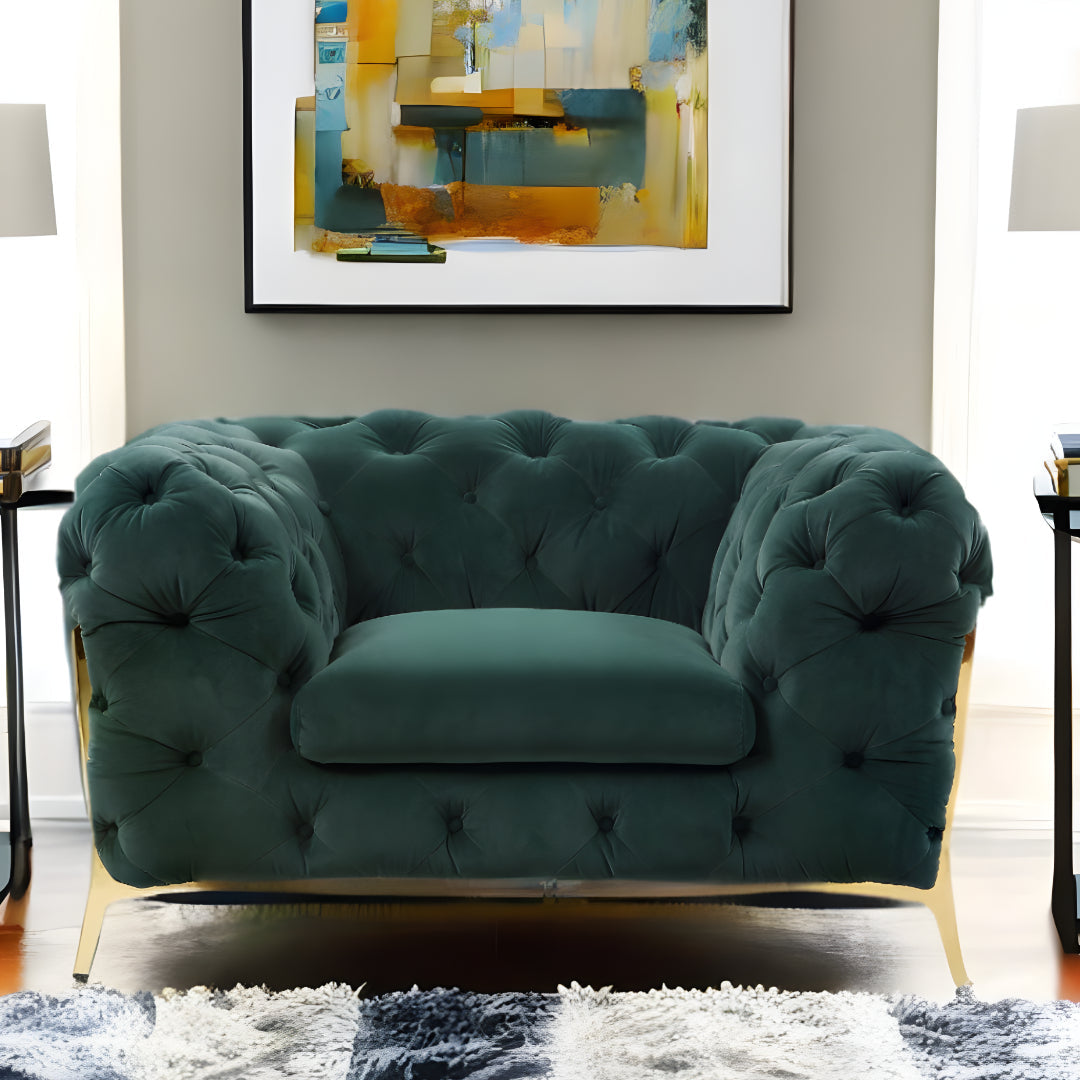 50" Green Tufted Velvet And Gold Solid Color Lounge Chair Image 8