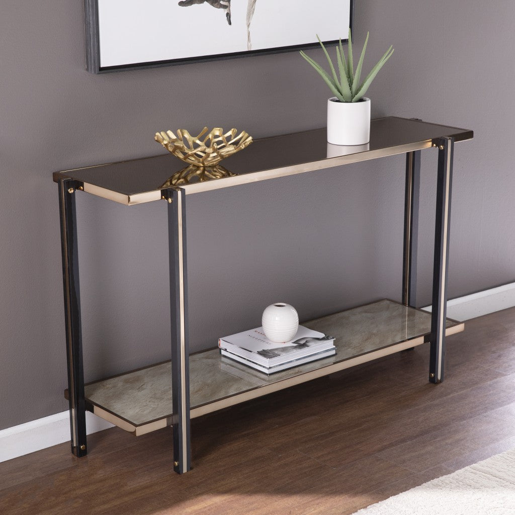 50" Smoky Black and Champagne Glass Mirrored Floor Shelf Console Table With Storage Image 1