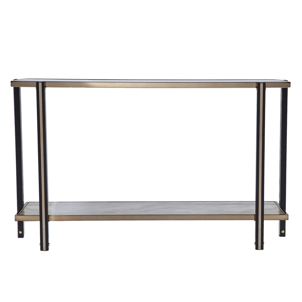 50" Smoky Black and Champagne Glass Mirrored Floor Shelf Console Table With Storage Image 2