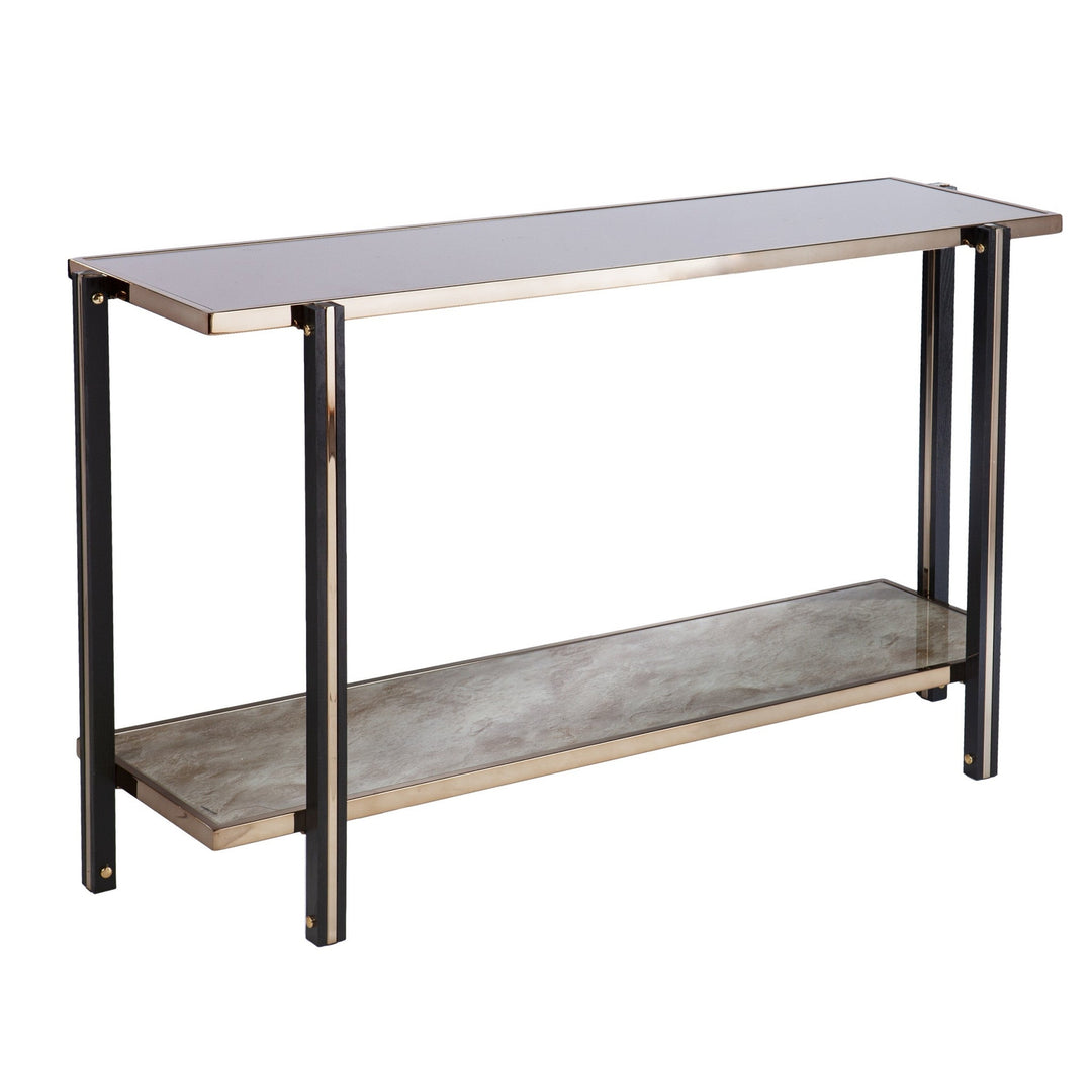 50" Smoky Black and Champagne Glass Mirrored Floor Shelf Console Table With Storage Image 3