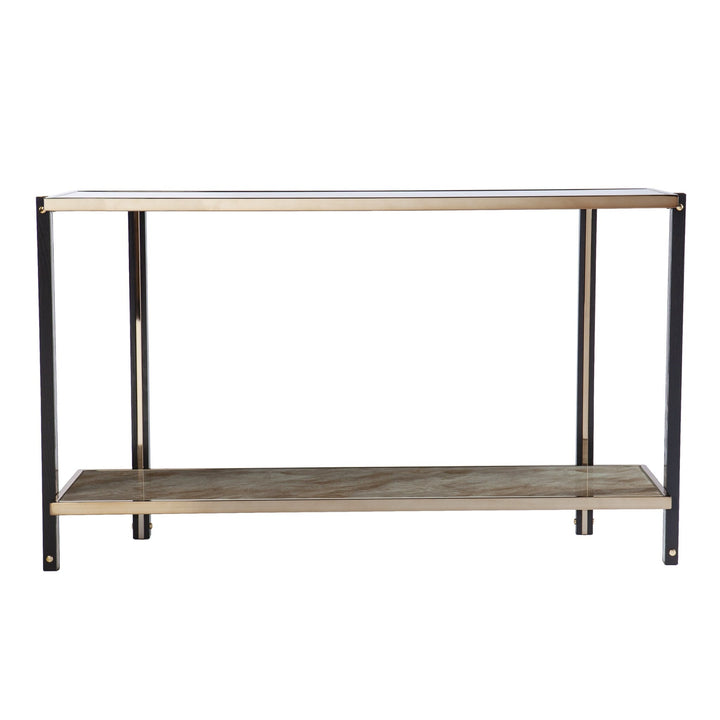 50" Smoky Black and Champagne Glass Mirrored Floor Shelf Console Table With Storage Image 5