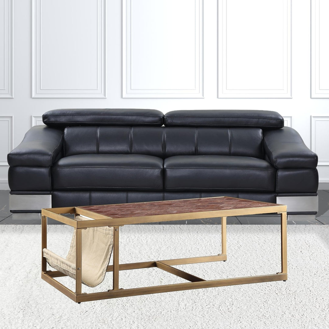 51" Brass And Retro Brown Leather Rectangular Coffee Table Image 5