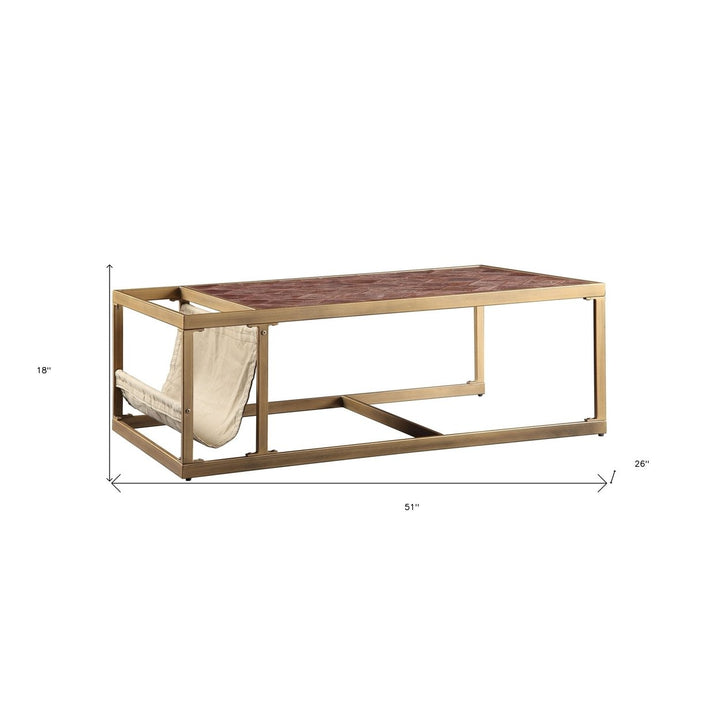 51" Brass And Retro Brown Leather Rectangular Coffee Table Image 6