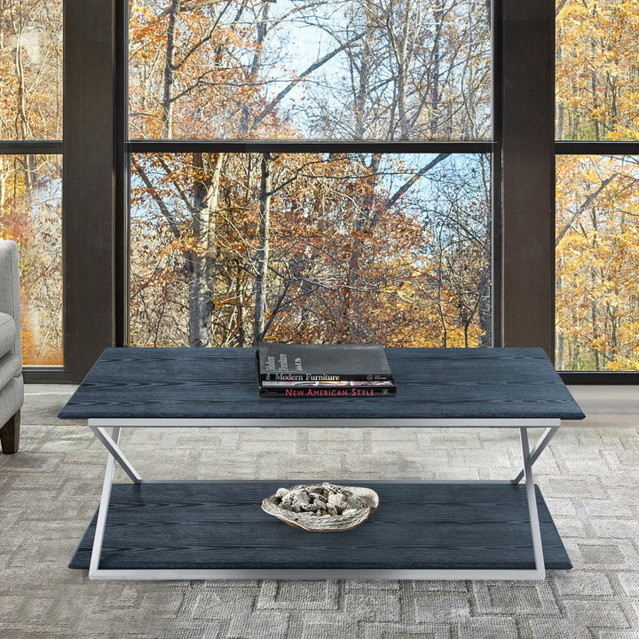 51" Black And Silver Stainless Steel Coffee Table With Shelf Image 2