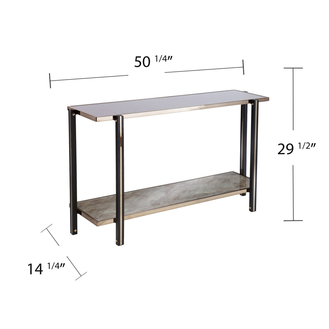 50" Smoky Black and Champagne Glass Mirrored Floor Shelf Console Table With Storage Image 8