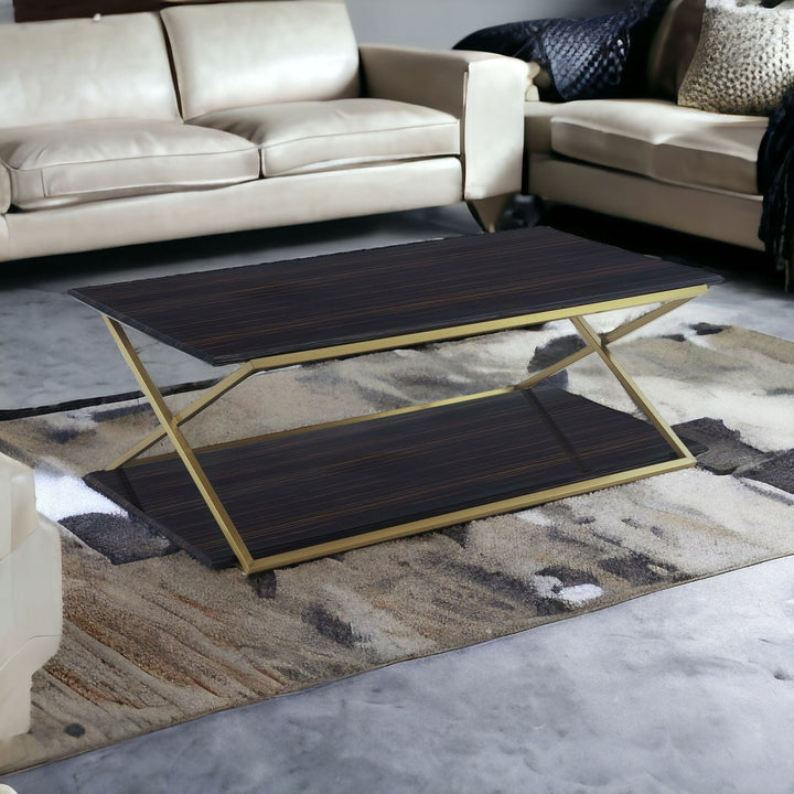 51" Dark Brown And Gold Metal Coffee Table With Shelf Image 5