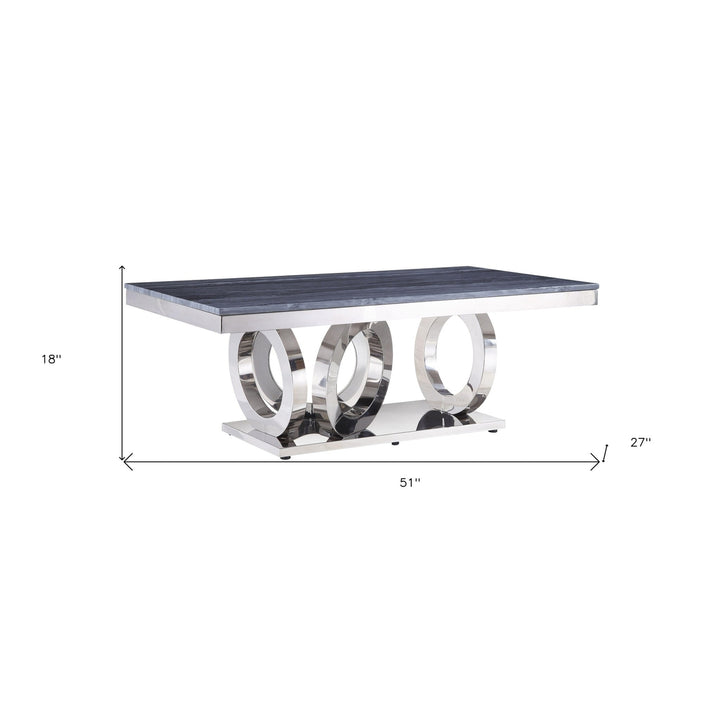 51" Gray And Silver Faux Marble And Stainless Mirrored Coffee Table Image 5