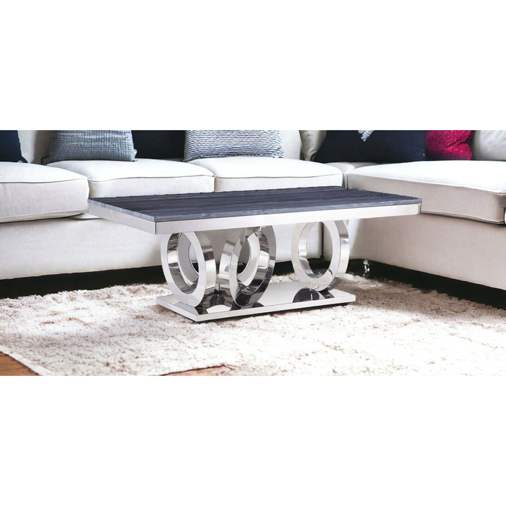 51" Gray And Silver Faux Marble And Stainless Mirrored Coffee Table Image 6