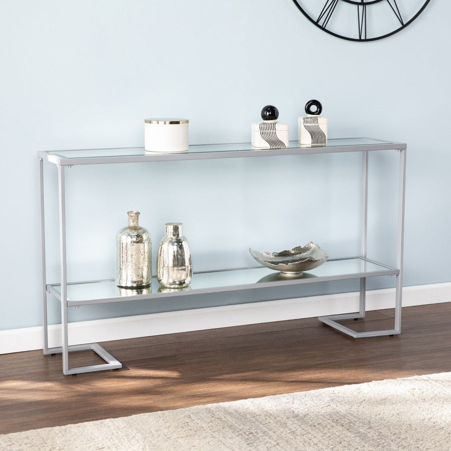 52" Clear and Silver Glass Mirrored Frame Console Table With Storage Image 1