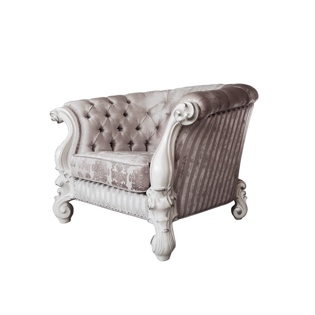 52" Ivory and Bone Fabric Damask Tufted Barrel Chair Image 1