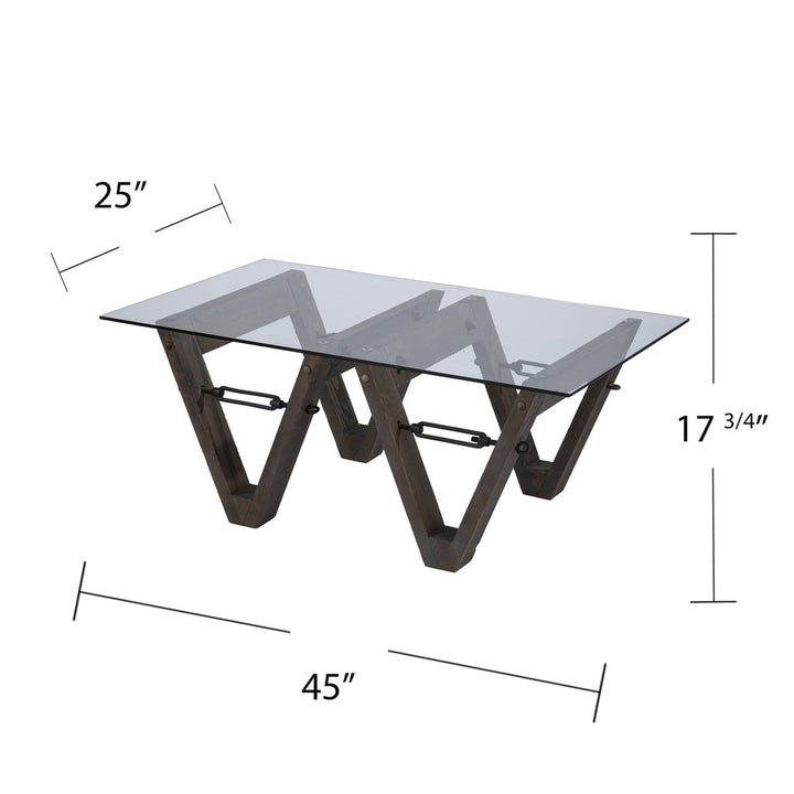 45" Brown Glass And Solid Wood Rectangular Coffee Table Image 6