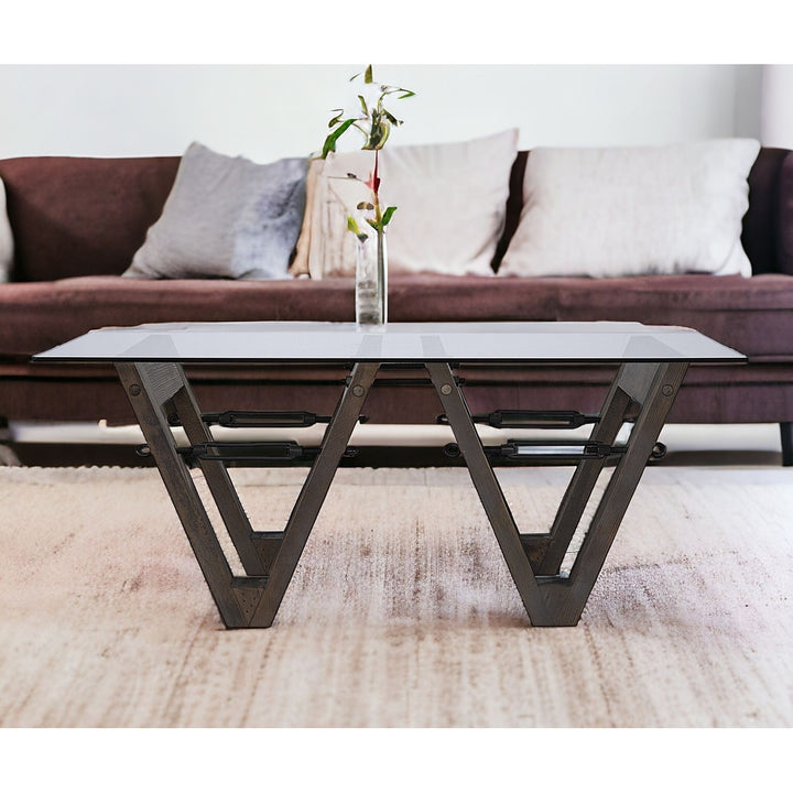 45" Brown Glass And Solid Wood Rectangular Coffee Table Image 7