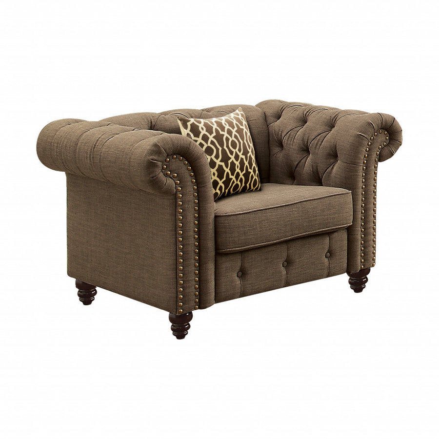 45" Brown Linen And Black Tufted Chesterfield Chair Image 1