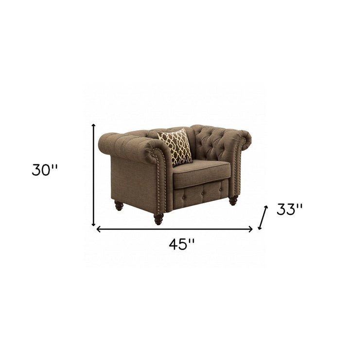 45" Brown Linen And Black Tufted Chesterfield Chair Image 4