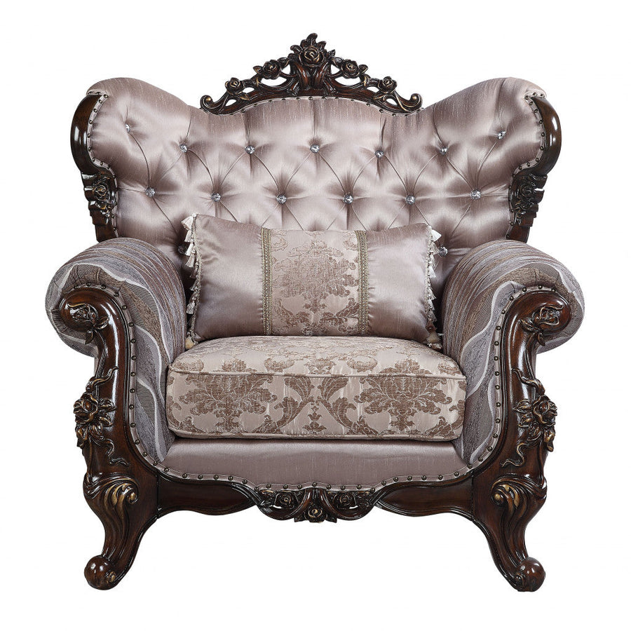 46" Light Gray Fabric And Antique Oak Floral Tufted Arm Chair Image 1