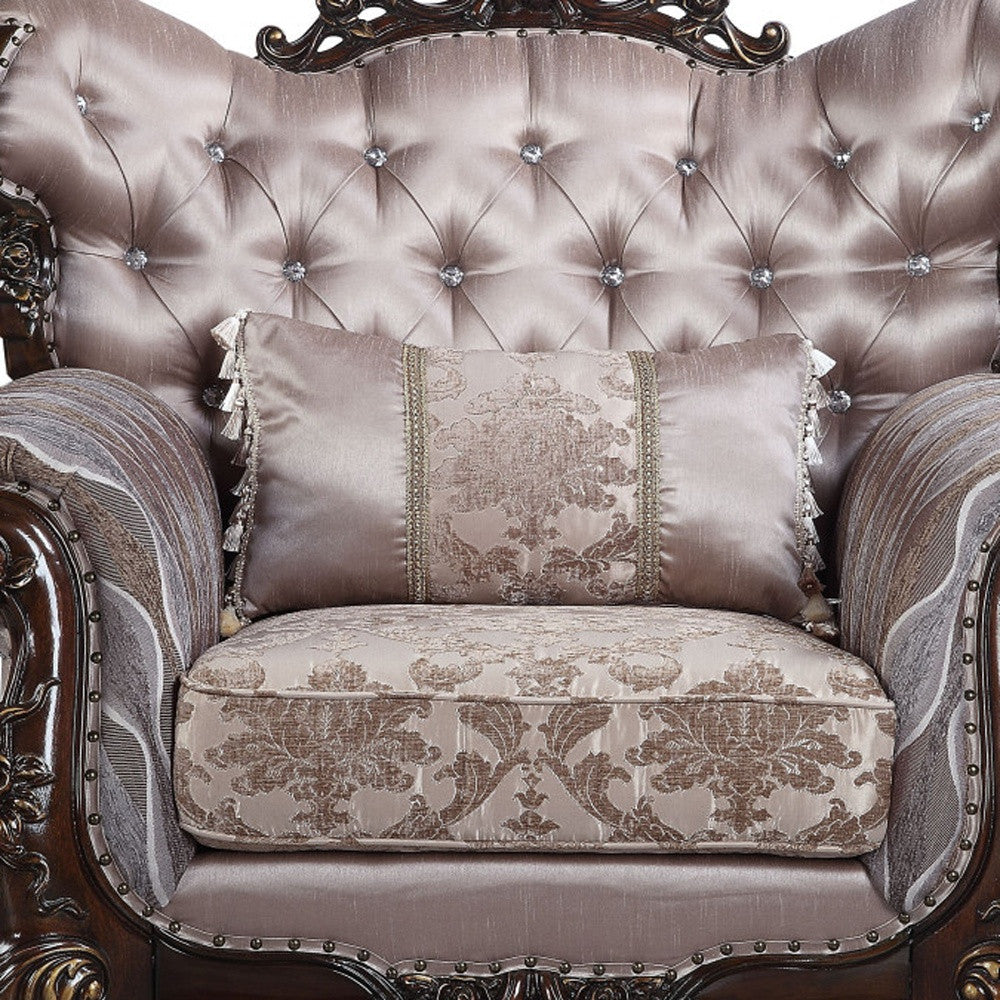 46" Light Gray Fabric And Antique Oak Floral Tufted Arm Chair Image 3