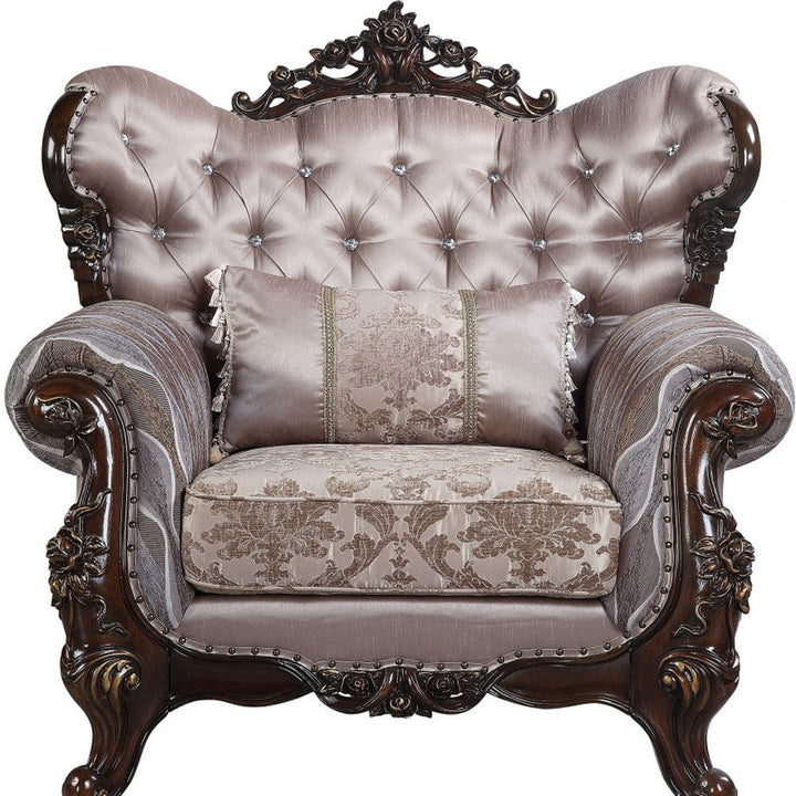 46" Light Gray Fabric And Antique Oak Floral Tufted Arm Chair Image 4